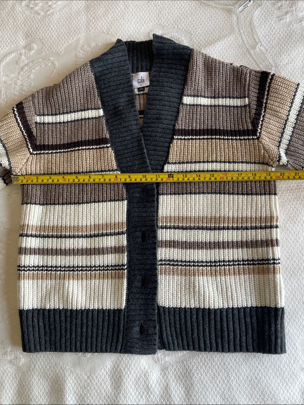 CAbi Striped Shawl Collar Cardigan in Charcoal, Cream & Taupe Size S - Picture 9 of 9